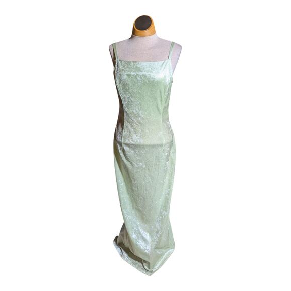 Vtg Y2K Jessica McClintock Pale Green Velvet Shimmer Lace Up Maxi Dress Sz 8 - Picture 2 of 6